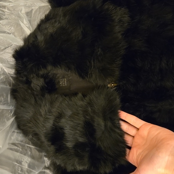 Saks Fifth Avenue Real Rabbit Fur collared black zip up down vest with collar